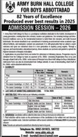 Admission notice for Army Burn Hall College for Boys Abbottabad Cantt